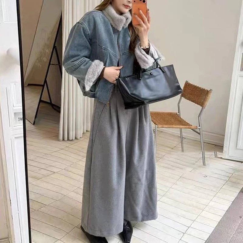 欧货加绒加厚牛仔外套女冬季短款2025新款时尚休闲毛毛拼接棉服女