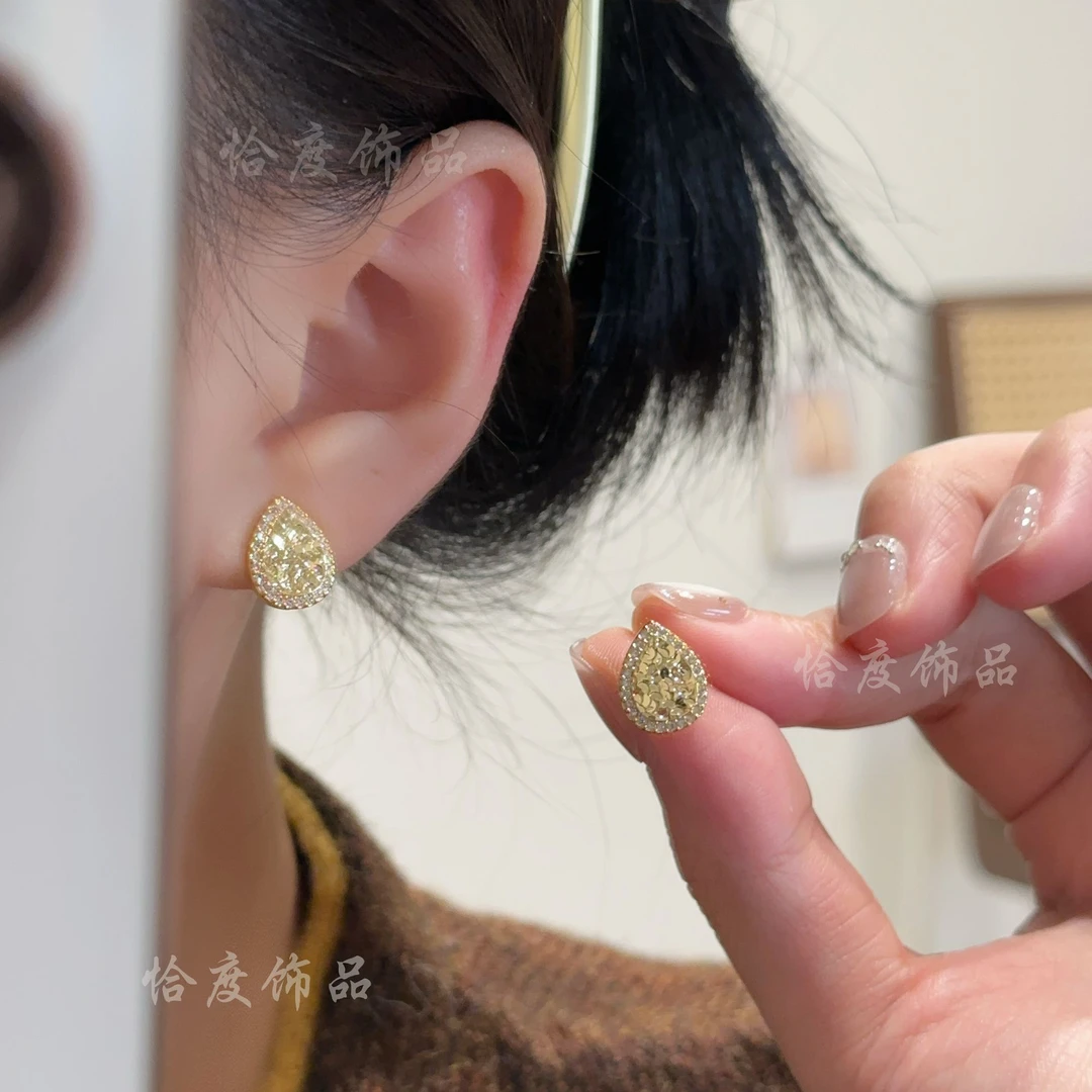 铜合金合成锆石耳饰 【恰度】微镶锆石金色碎冰冰水滴耳钉