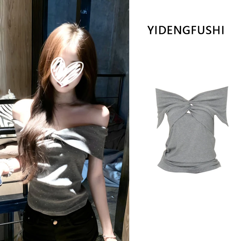 6-8运补美式辣妹一字肩短袖恤女夏季设计感烫钻褶皱修身辣妹上衣