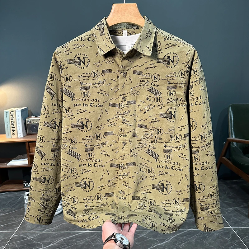 轻奢日系潮流印花长袖衬衫男士秋季时尚百搭文艺休闲宽松衬衣外套