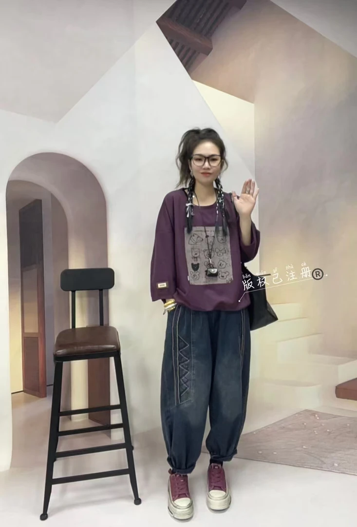 大码2025春季新款街头个性卡通印花韩版中袖圆领T恤女上衣