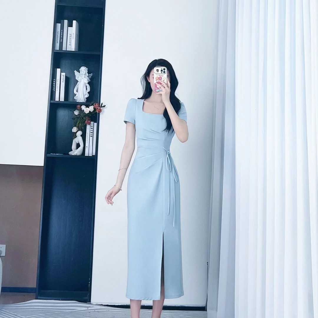 拉夏贝尔25夏法式气质时尚显瘦收腰显瘦方领短袖连衣裙 10418 QXJ