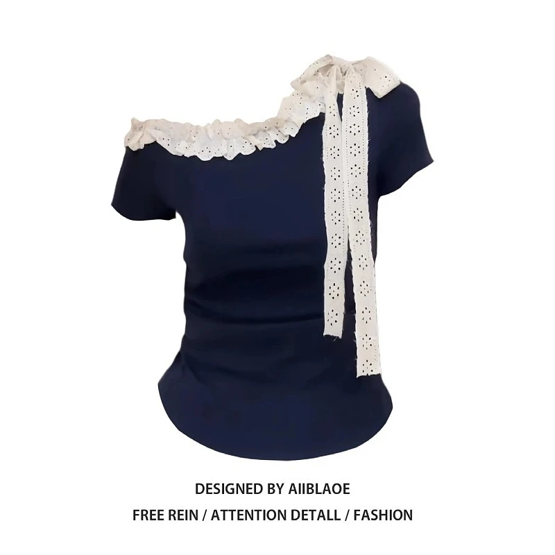 大码韩系木耳边斜肩短袖T恤女夏季胖mm设计感修身超好看露肩上衣