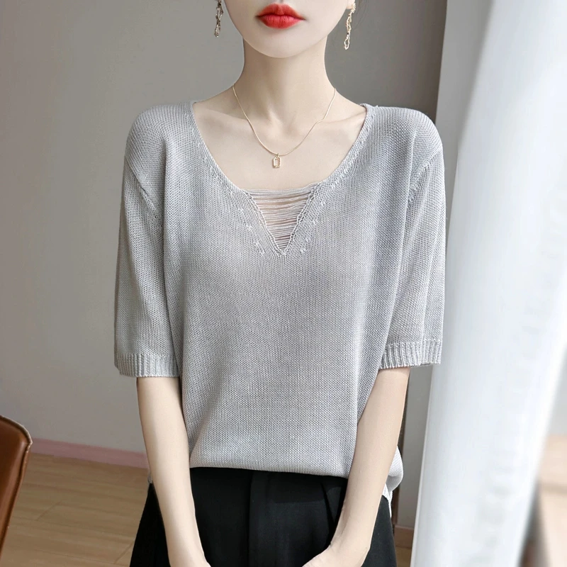 时尚女装品牌夏季新款短袖针织衫T恤女时尚气质百搭薄款上衣女