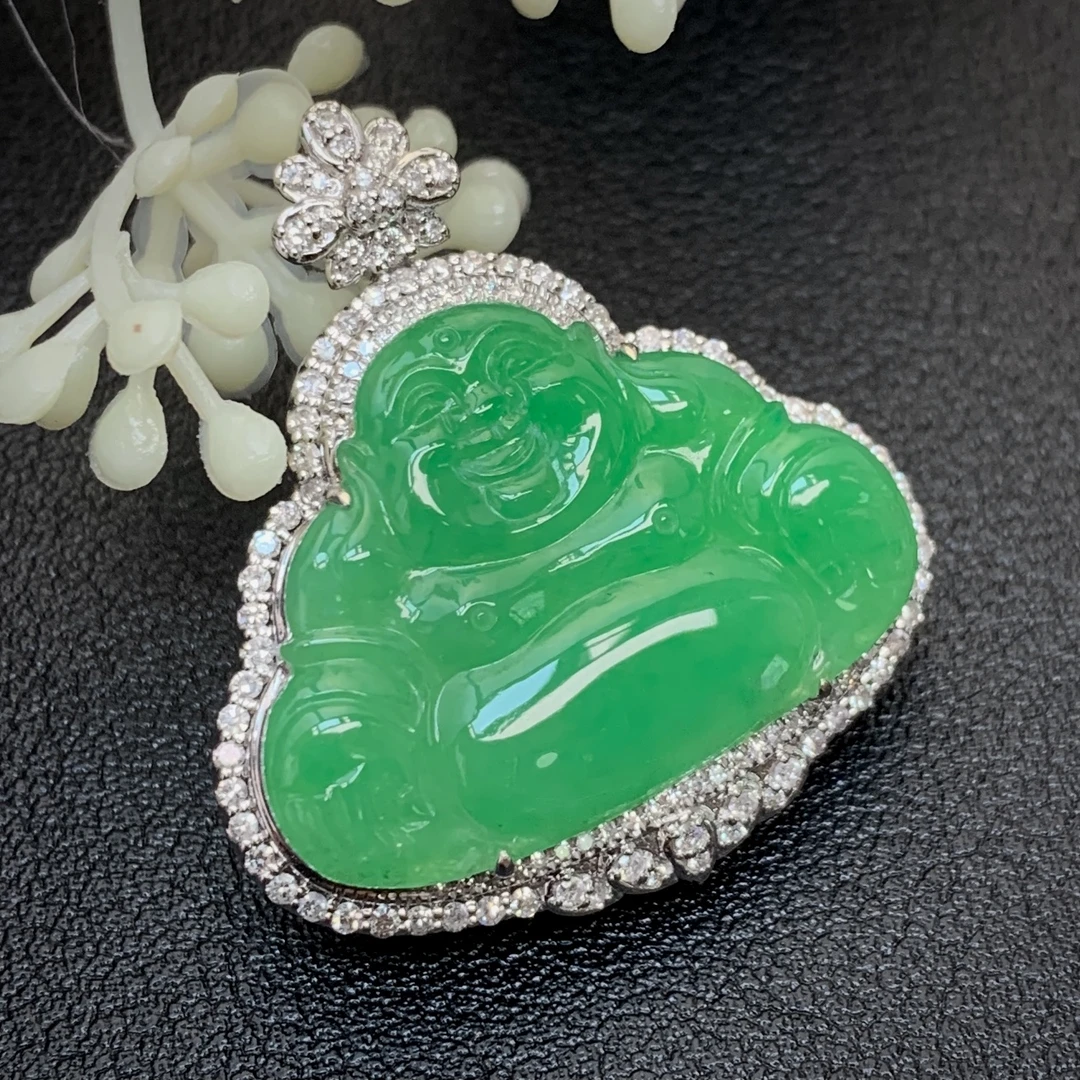甜阳绿佛公吊坠 清冷感 18K金镶嵌 四会天然缅甸a货翡翠 翡翠佛公