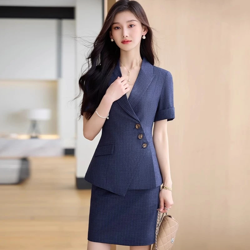 短袖西装套装女夏季薄款条纹职业装酒店管理层经理工作服西服外套