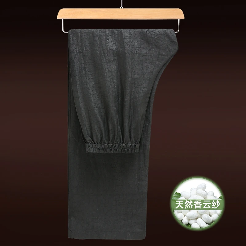 40姆米龟裂纹香云纱男裤子国风夏季长裤桑蚕丝爸爸夏装休闲裤真丝