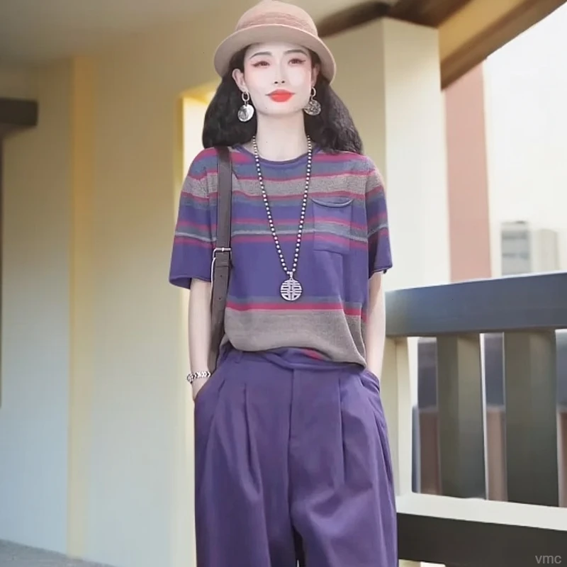 2025夏季复古小众慵懒风百搭冰丝针织衫T恤条纹撞色高级感上衣女
