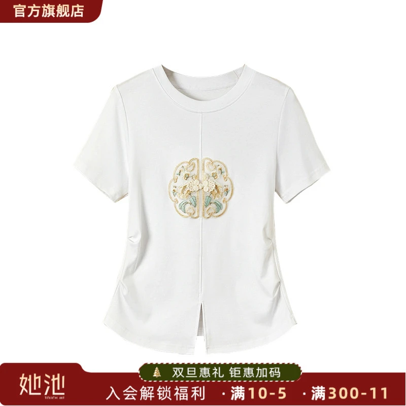 她池2025夏装新款女装国潮刺绣开叉圆领修身正肩短袖T恤T42X2068T