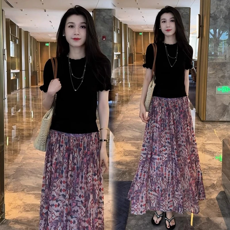 拉夏贝尔时尚套裙夏季新款洋气减龄修身显瘦上衣碎花半身裙两件套