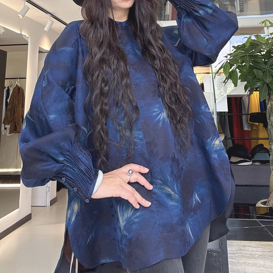 【周周家】高级松弛感新中式国风蓝色衬衫桑蚕丝长袖时尚百搭宽松