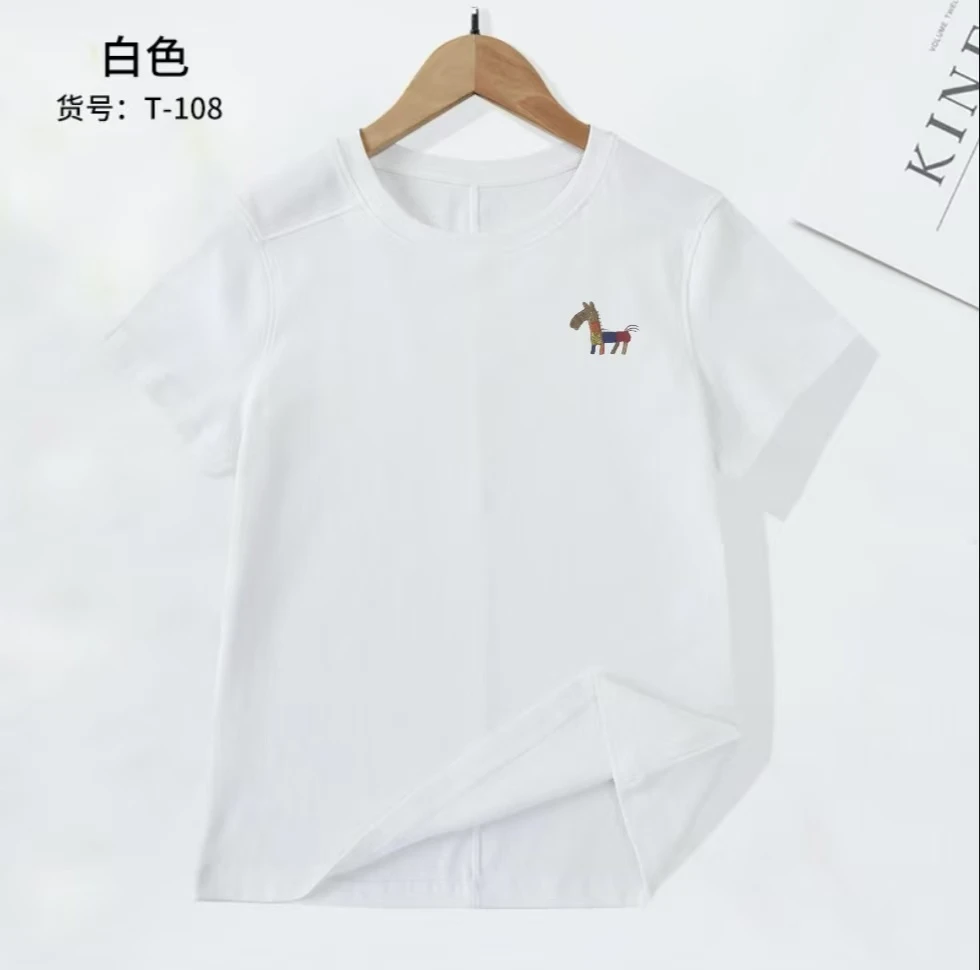 夏季新款螺纹拼接女士修身显瘦时尚百搭短袖圆领T恤-刺绣彩色马