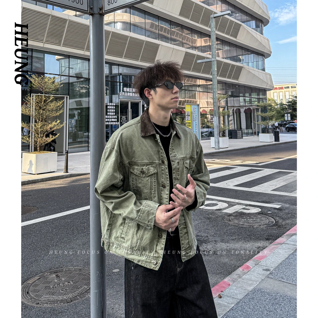 HEUNG 秋季美式复古纯棉撞色拼接翻领水洗牛仔外套休闲潮牌夹克男