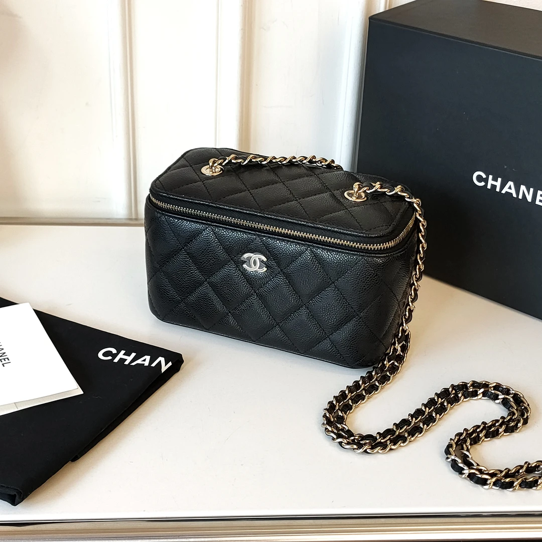 95新 Chanel/香奈儿 Azul-24S黑金荔枝皮化妆方盒斜挎包/47476