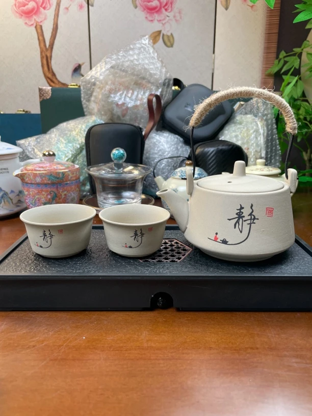 ZH1556-粗陶提梁壶+两个手工复古粗陶茶杯茶具泡茶壶