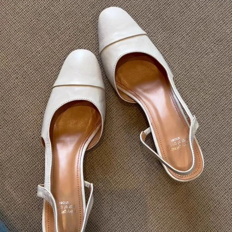 羊皮版~法式包头凉鞋女夏季2025新款百搭不累脚凉单鞋粗跟高跟鞋