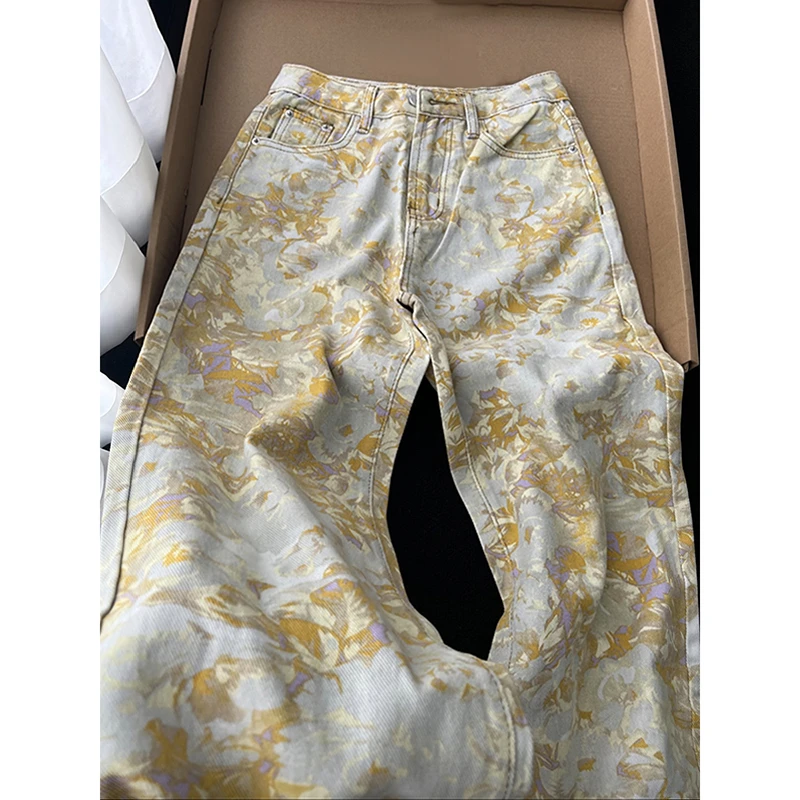 黄色扎染设计感牛仔裤男晕染花色阔腿迷彩裤直筒宽松修身显瘦裤子