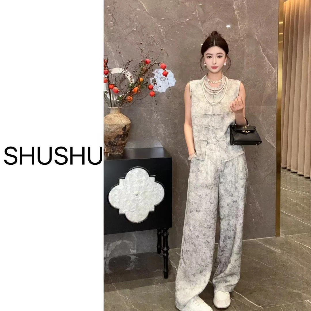 现货【锦瑟悠悠】新中式气质时尚夏季复古宽松无袖套装