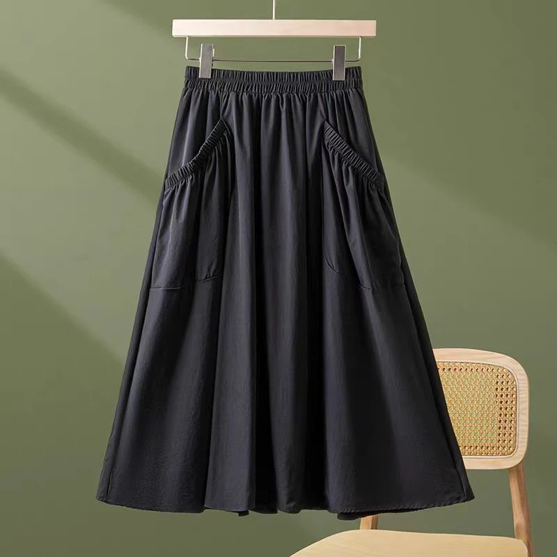 453气质大口袋半身裙女中长款2025夏新款宽松休闲显瘦a字大摆长裙