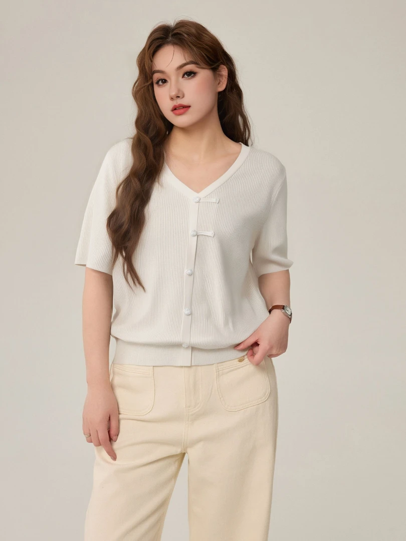 *大码女装国风盘扣条纹上衣女冰丝针织衫2024夏胖mm短袖t恤22350