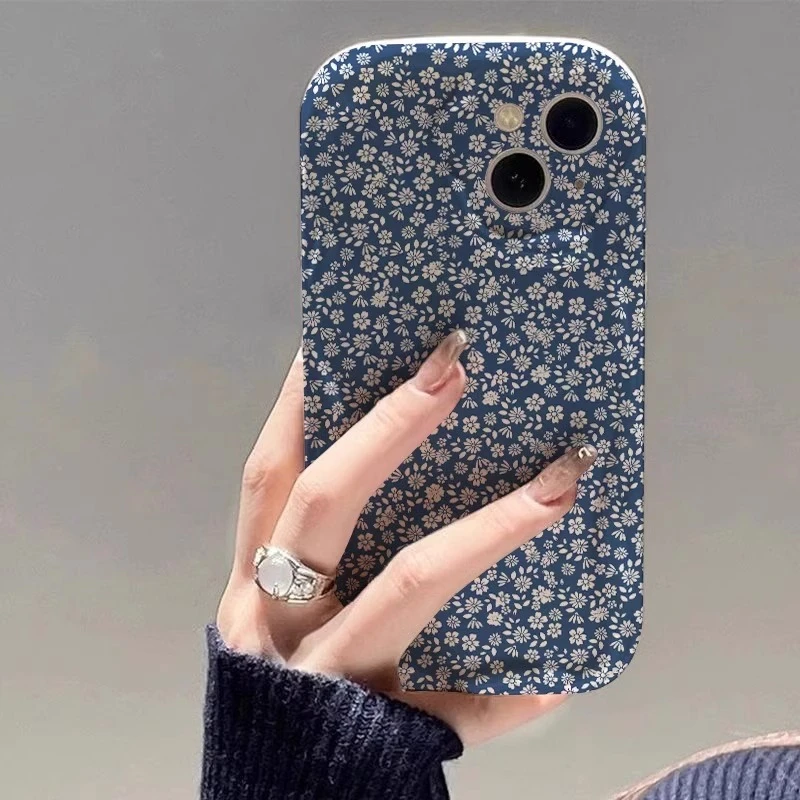 适用苹果16promax手机壳蓝底碎花彩绘iphone15pro创意新款女14por