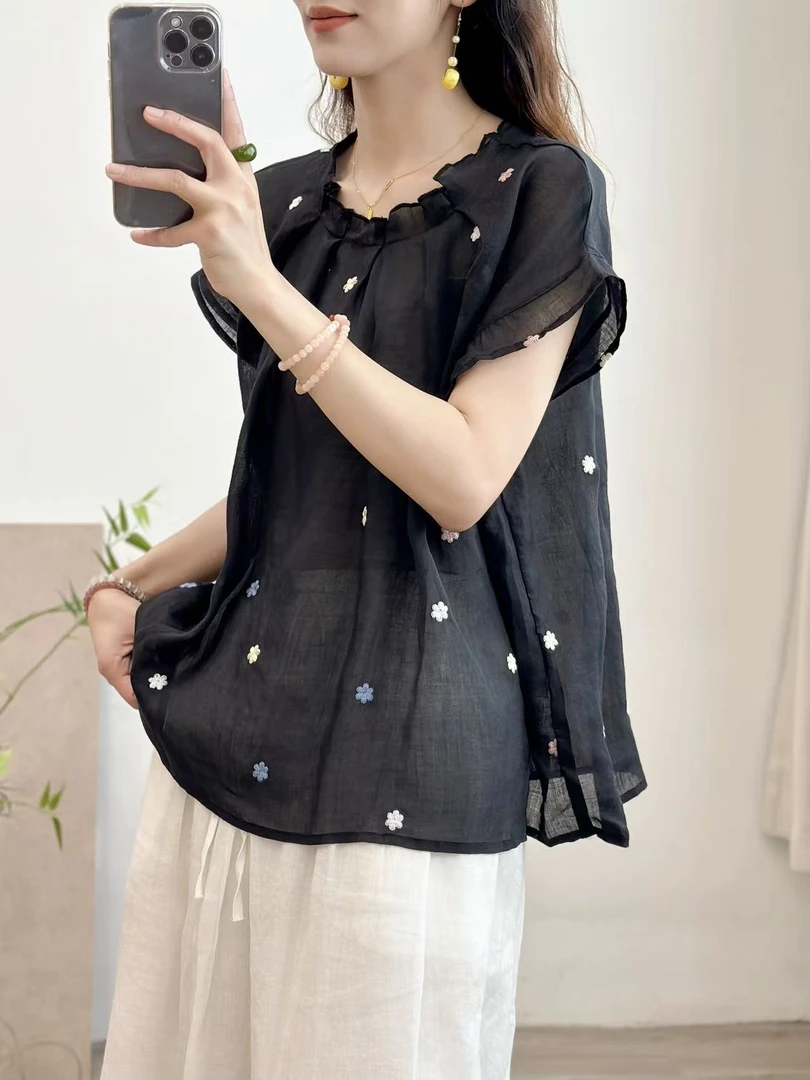 夏季彩色刺绣宽松时尚百搭苎麻小衫