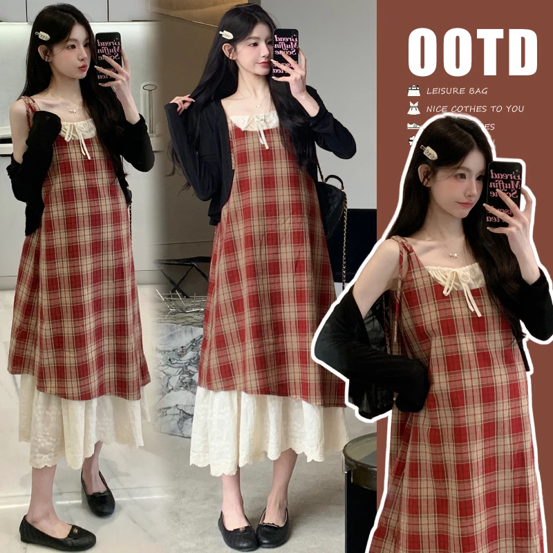 【kiki严选】2025新款夏季孕妇连衣裙复古减龄格子+防晒衫两件套女