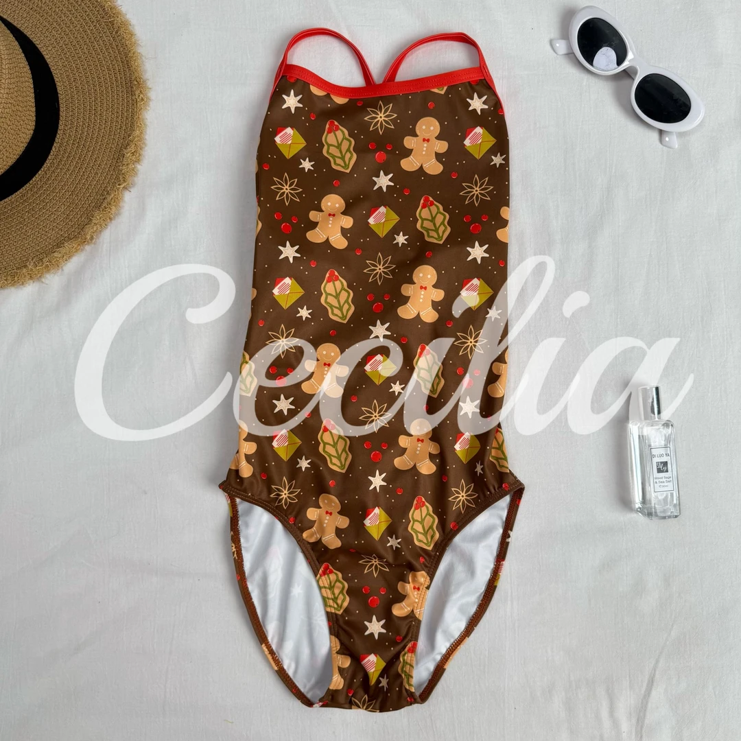 【姜饼人】单层无胸垫新款专业竞速游泳衣女比赛训练游泳馆专用卡通