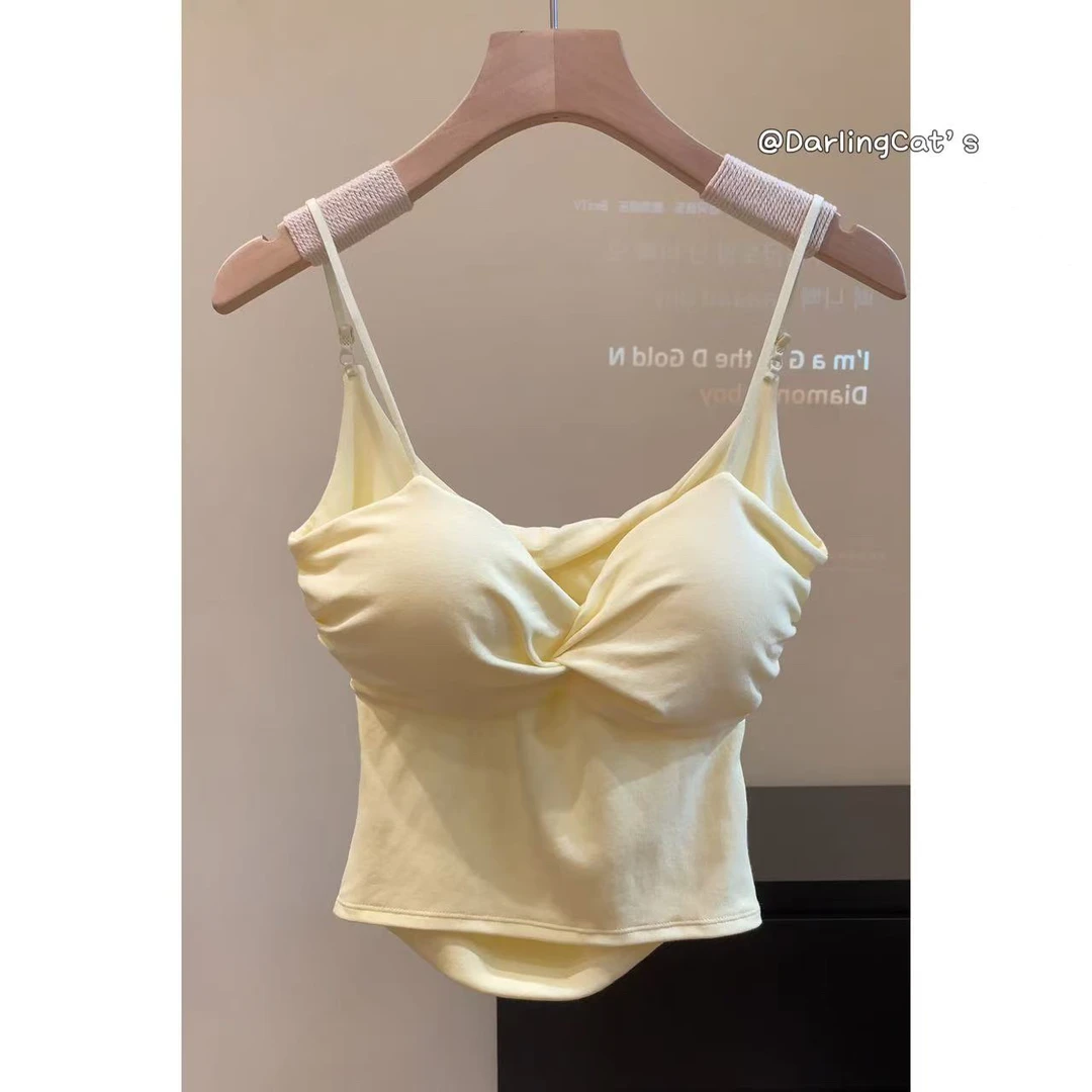 内搭半永久 有胸垫纯色细肩带吊带百搭打底背心黄色