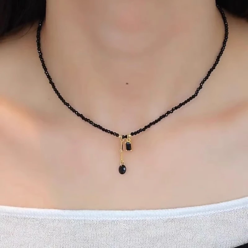 铜合金项链 复古黑色串珠流苏项链2025新款小众设计感颈链锁骨链