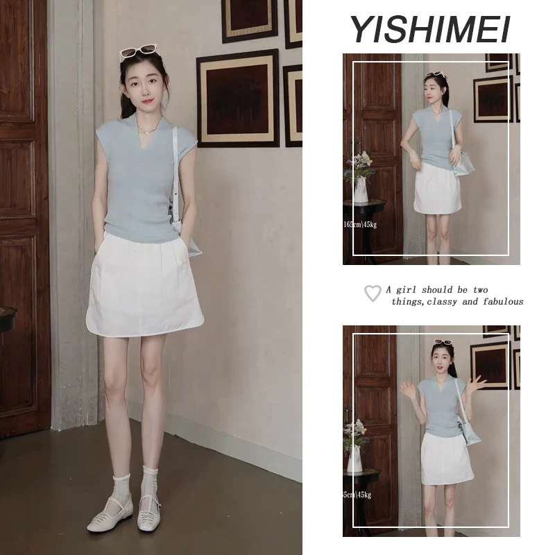 夏季穿搭一整套女2025新款修身显瘦V领短袖上衣半身裙两件套