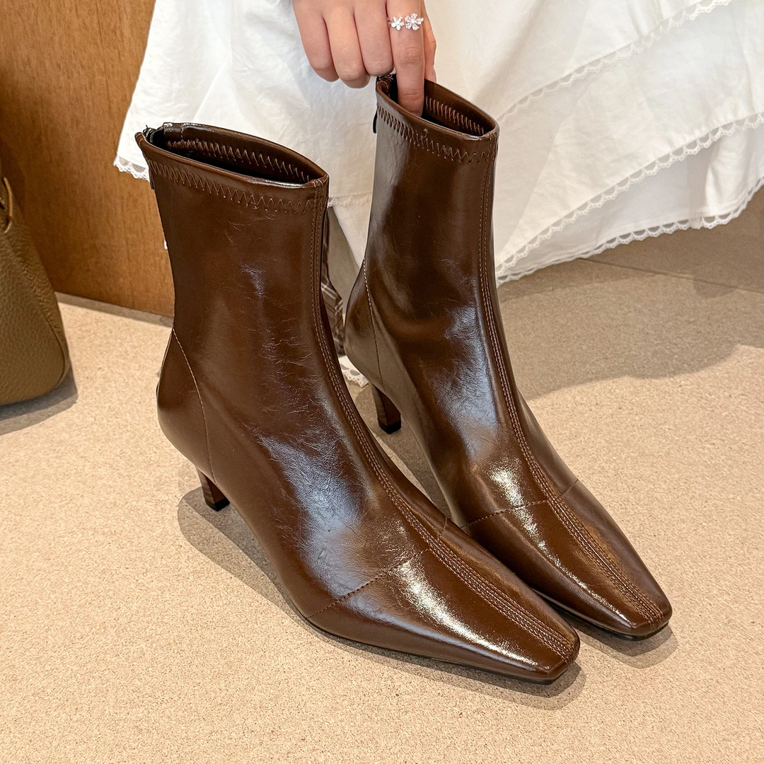 elingstudio 高级质感！复古棕方头高跟短靴女2025新款秋季瘦瘦靴