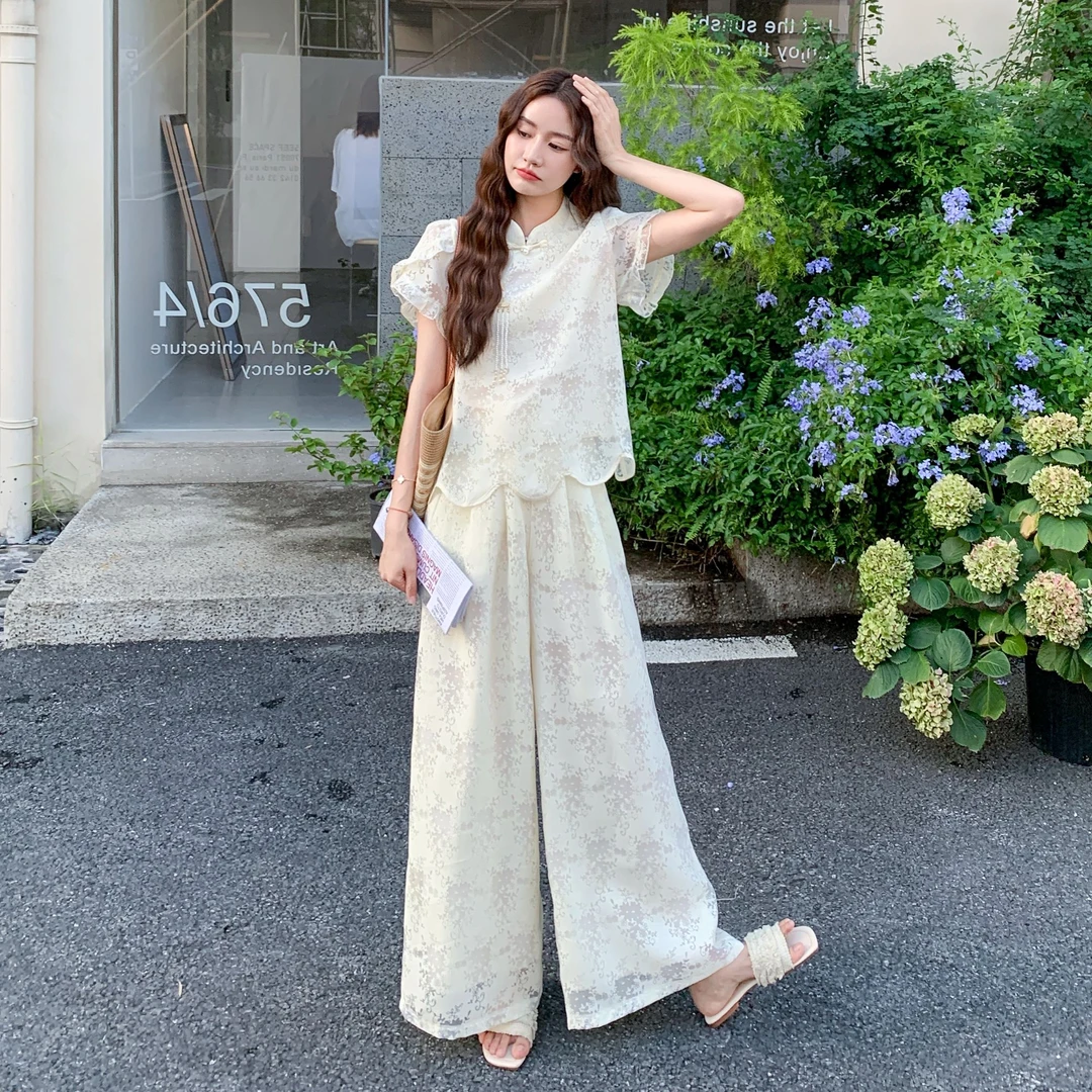 新中式国风盘扣套装裤女2025新款夏气质短袖上衣高腰阔腿裤两件套