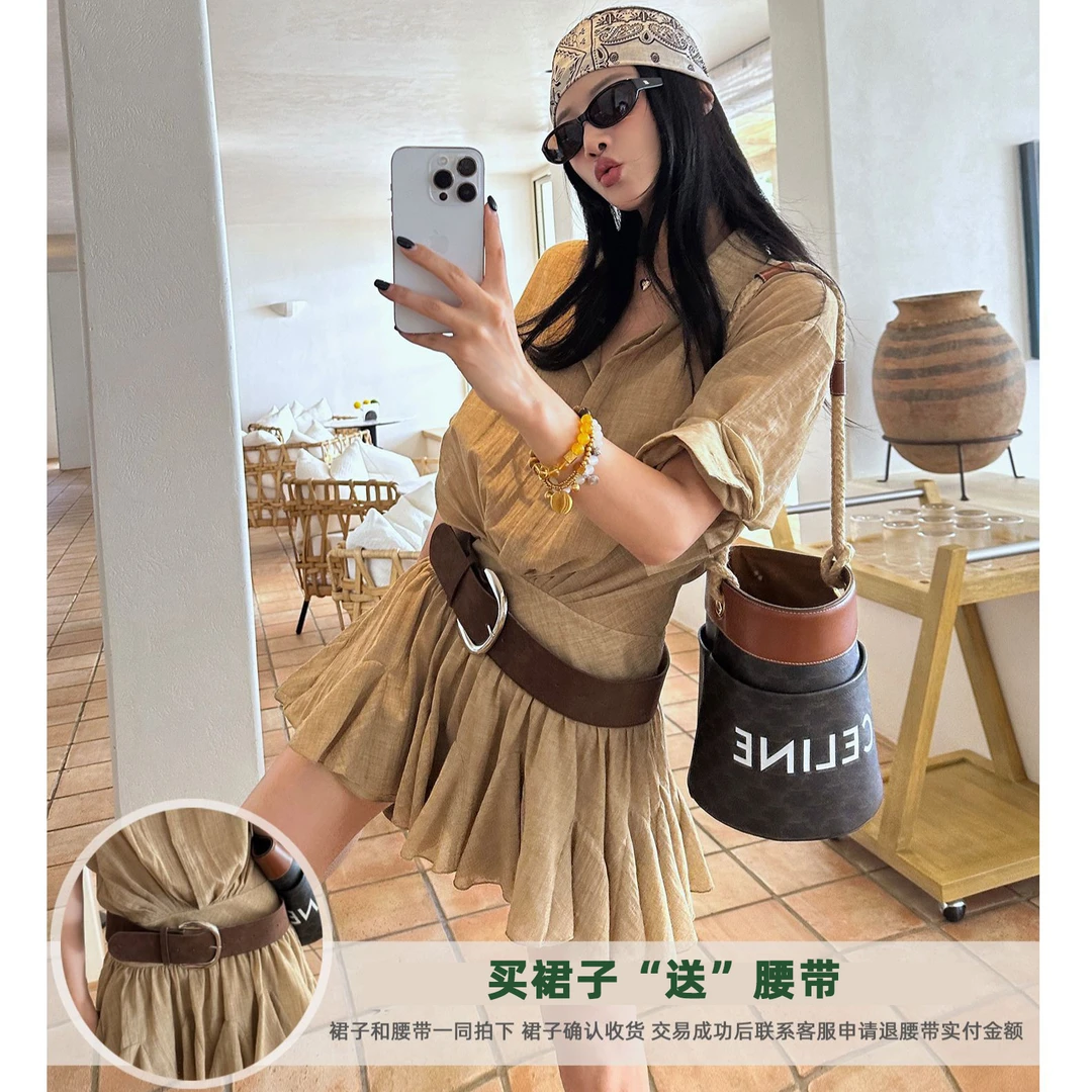 衬衫连衣裙 假两件拼接短袖衬衫百褶短裙