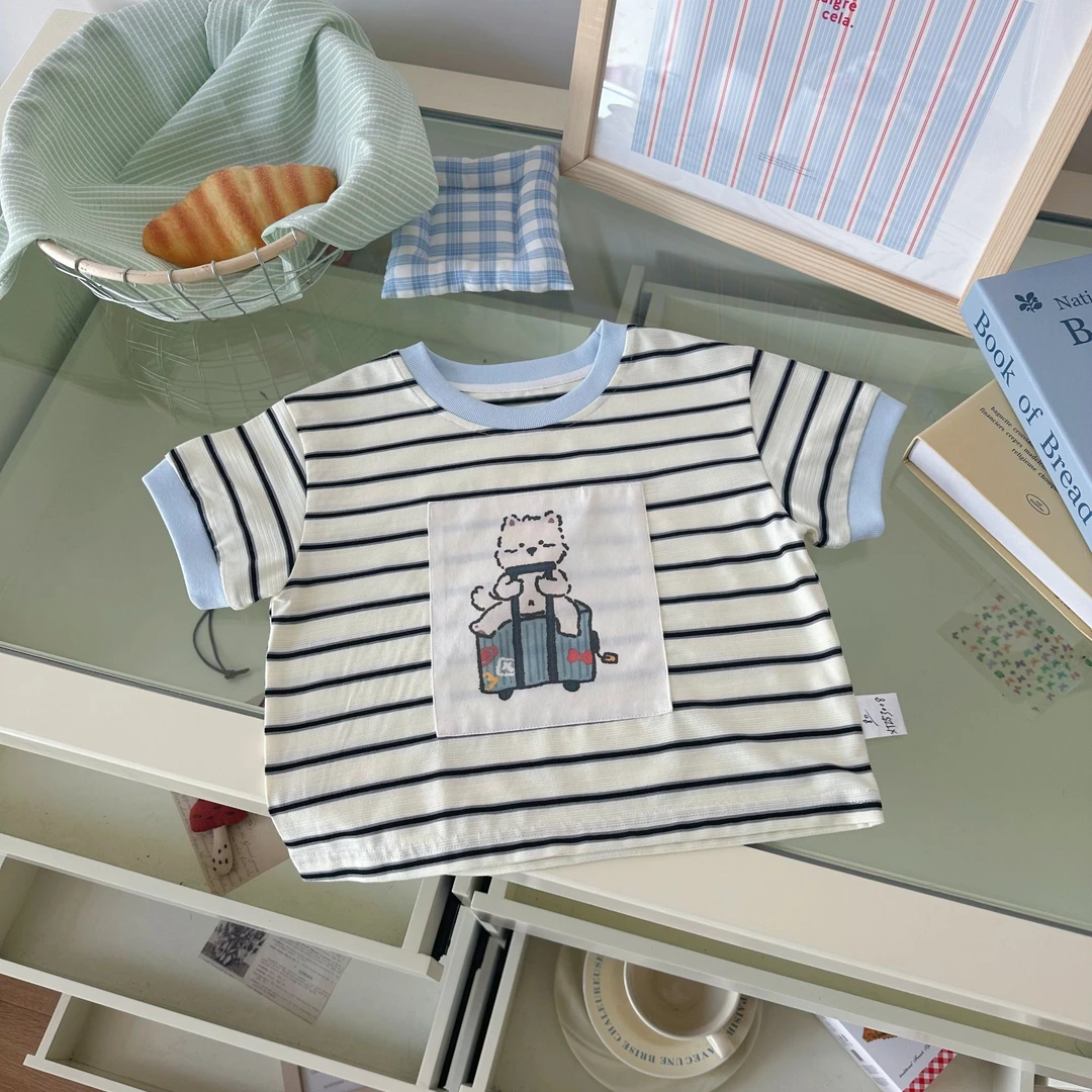 【贴布小狗】XY253031橘止皮男小童25夏小狗贴布撞色条纹短袖T恤