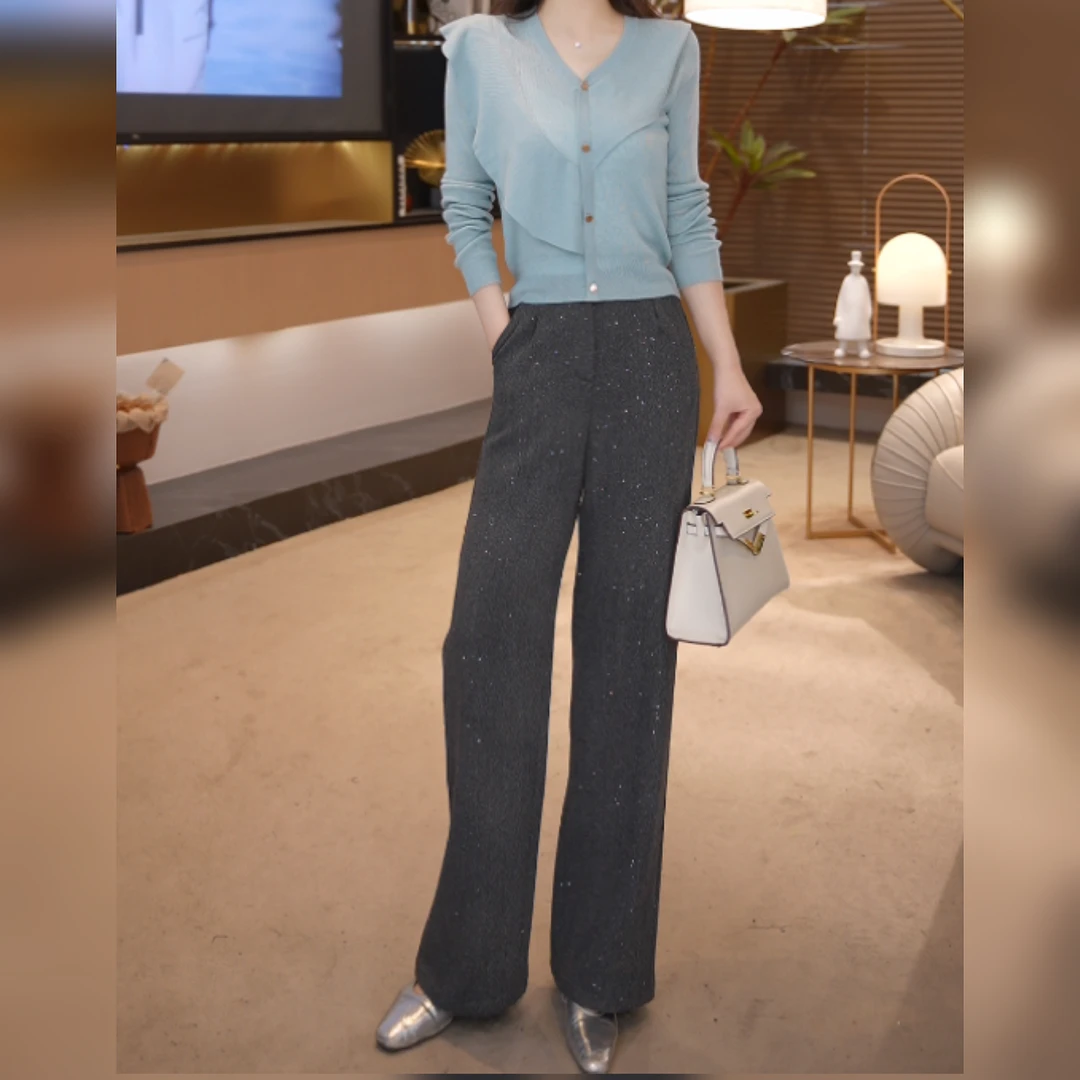 UNIQUE U:US【极简从绒】气质高腰灰色亮片基础遮肉休闲裤2510559