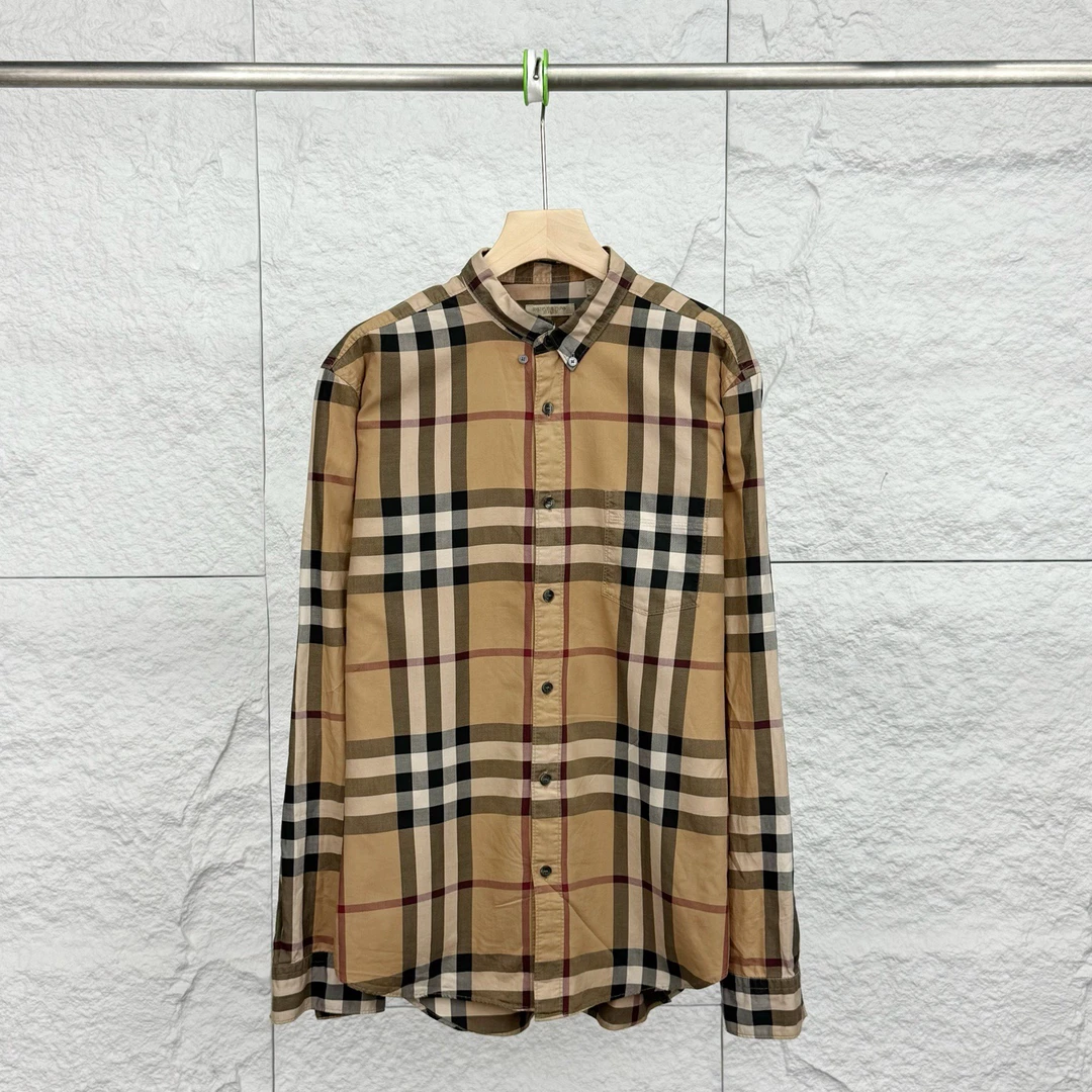 99新 BURBERRY/博柏利 L码/棕色格纹翻领单排扣长袖衬衫/18261920