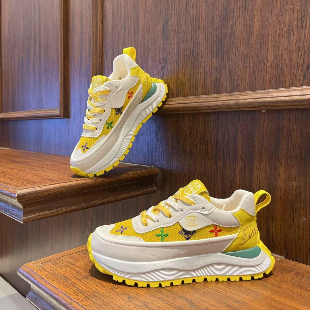 男鞋2025春夏季网布拼色轻奢刺绣潮鞋厚底增高时尚低帮男鞋休闲鞋