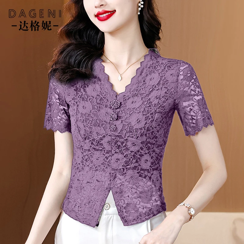 法式蕾丝短袖t恤女2025年夏季新款V领镂空修身上衣女性感打底小衫