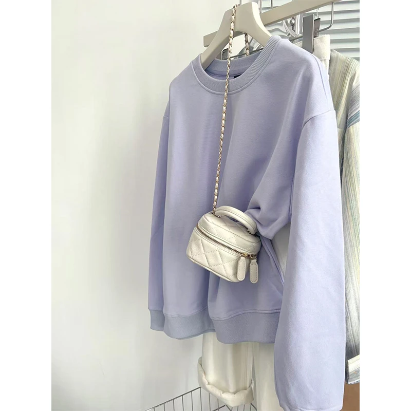浪漫淡紫色重磅圆领秋季韩版微落肩2025秋季新款长袖圆领无帽卫衣