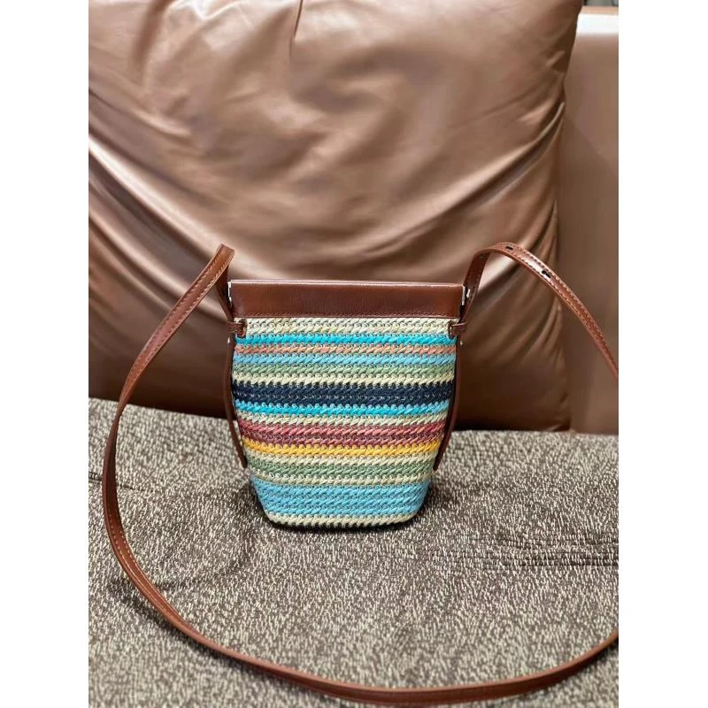 夏季新款彩虹编织水桶包女式斜挎迷你单肩手机小包