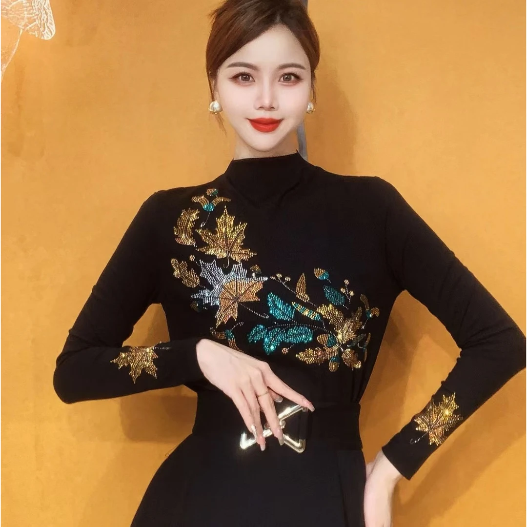 【七彩枫叶加绒】半高领打底衫女内搭秋冬新款时尚烫钻上衣修身权