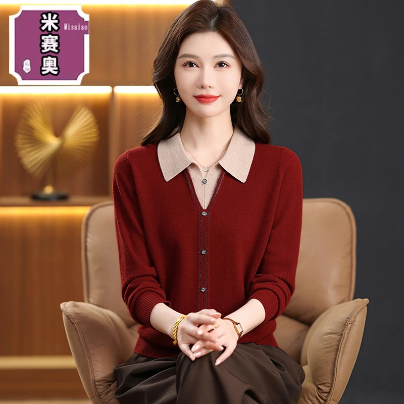 中老年女装100%纯羊毛打底衫2025新款妈妈装印花翻领长袖外套上衣