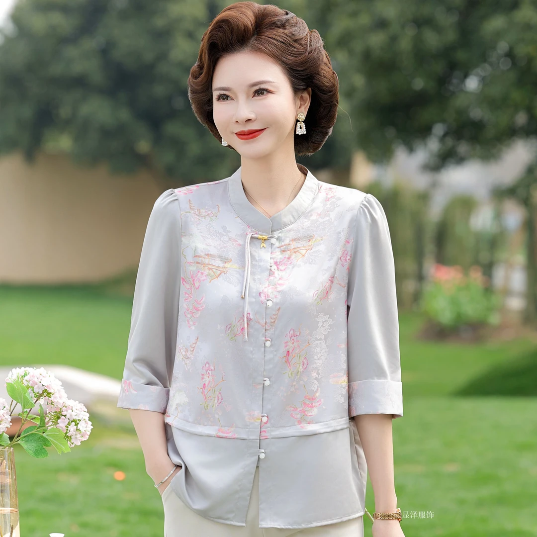 恒源祥集团彩羊50岁60妈妈装夏季新中式气质衬衫中老年女优雅上衣