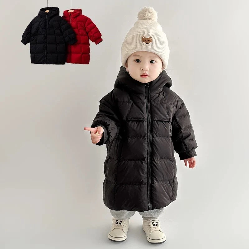 巴拉开门红冬季儿童羽绒服男女宝宝保暖加厚外套白鸭绒连帽冬装中