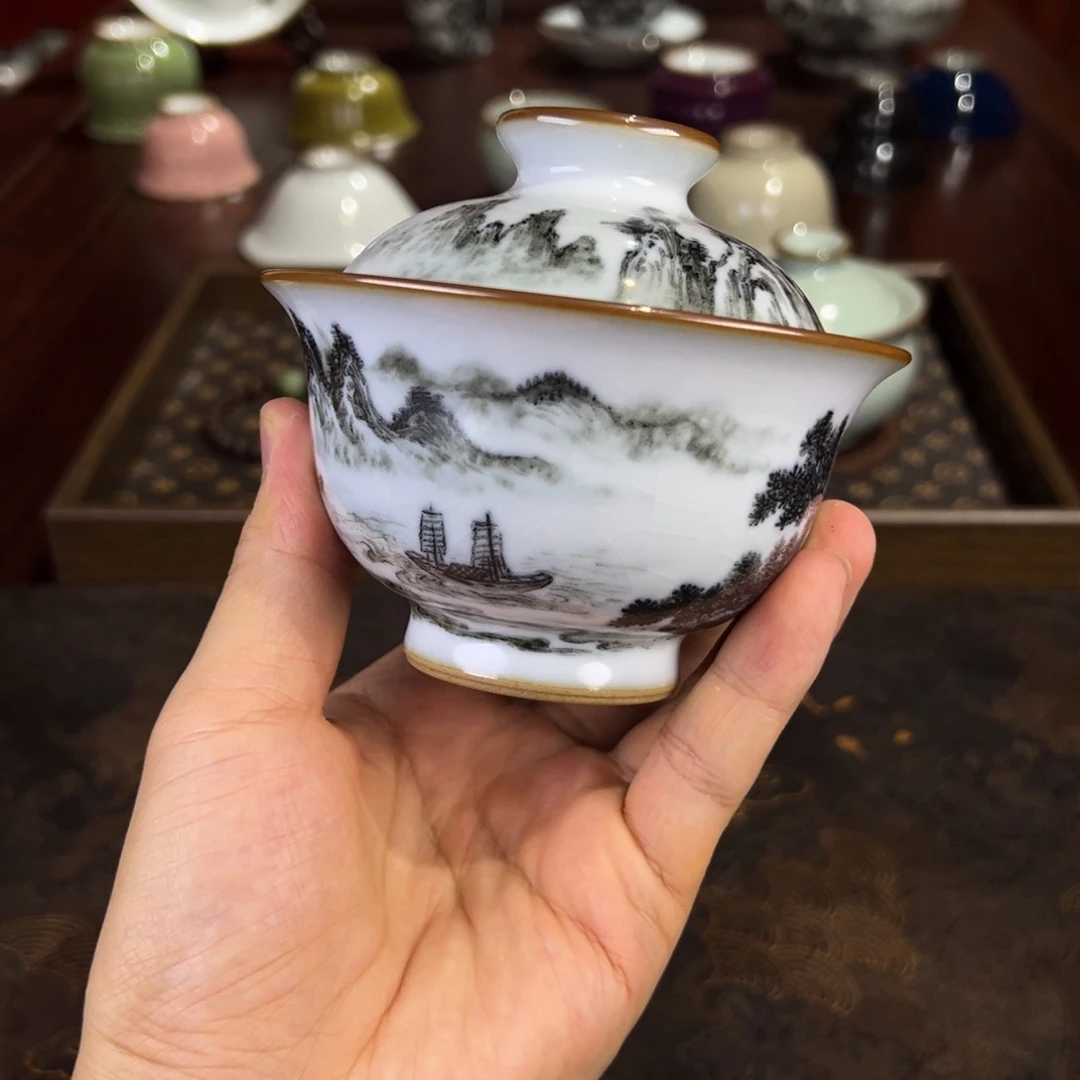 月白墨彩盖碗微瑕福利