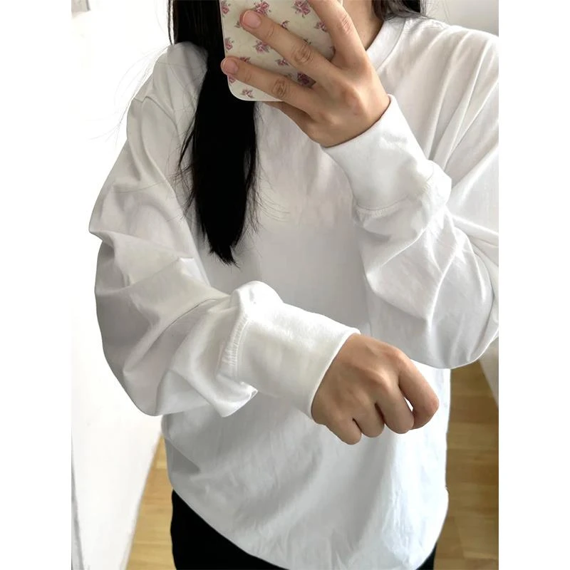 含棉圆领长袖T恤女春秋冬白色叠穿上衣纯色基础款宽松内搭打底衫