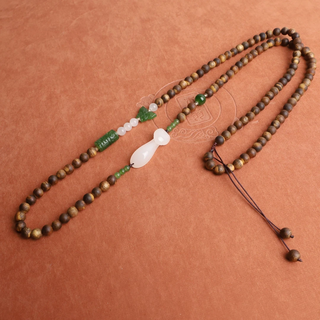 沉香【香珺】沉香白奇楠和田玉白玉碧玉18K金时尚新国风项链