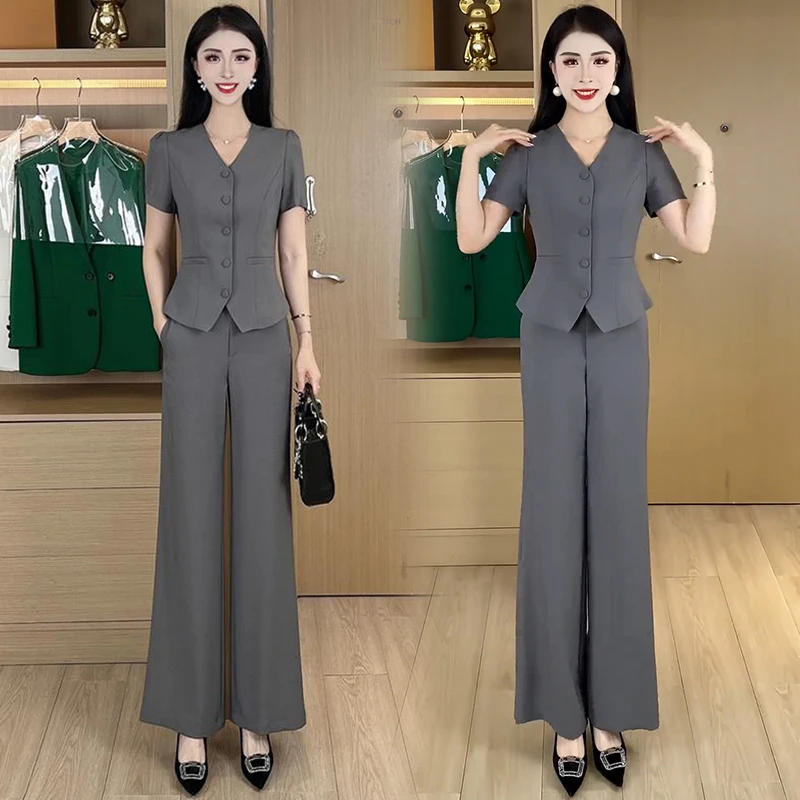 时尚简约套装女2025夏季新款高级感洋气质V领显瘦短袖休闲两件套