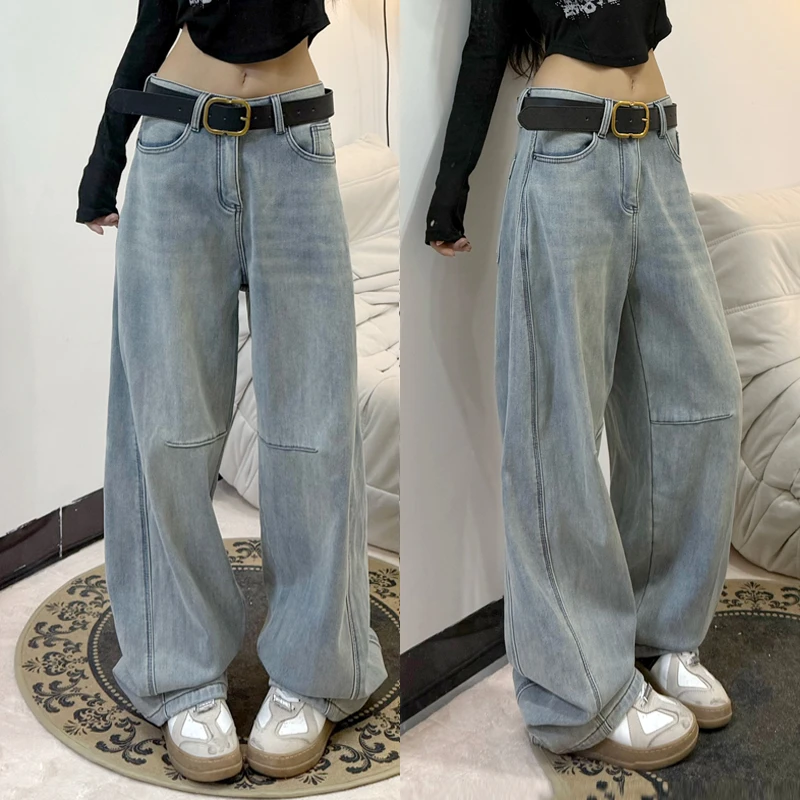 弯刀直筒牛仔裤女2025冬季新款休闲百搭阔腿裤加绒加厚拖地长裤子